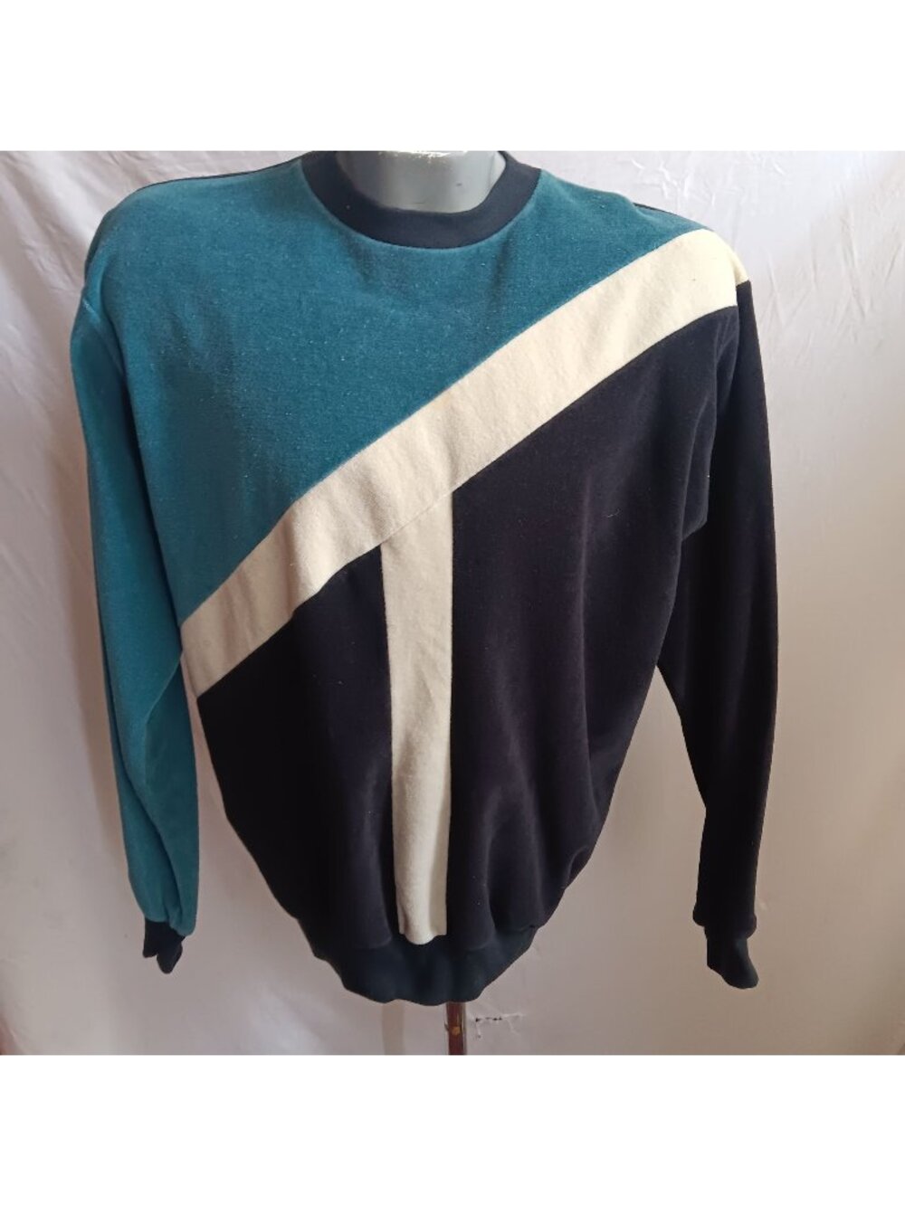 XL Vintage Sweater Campus Crewneck Men's Velour Teal Striped Retro Pullover USA